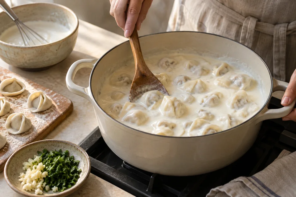 Shish Barak – Fleischteigtaschen in Joghurtsauce: In Joghurtsauce gar ziehen lassen.
