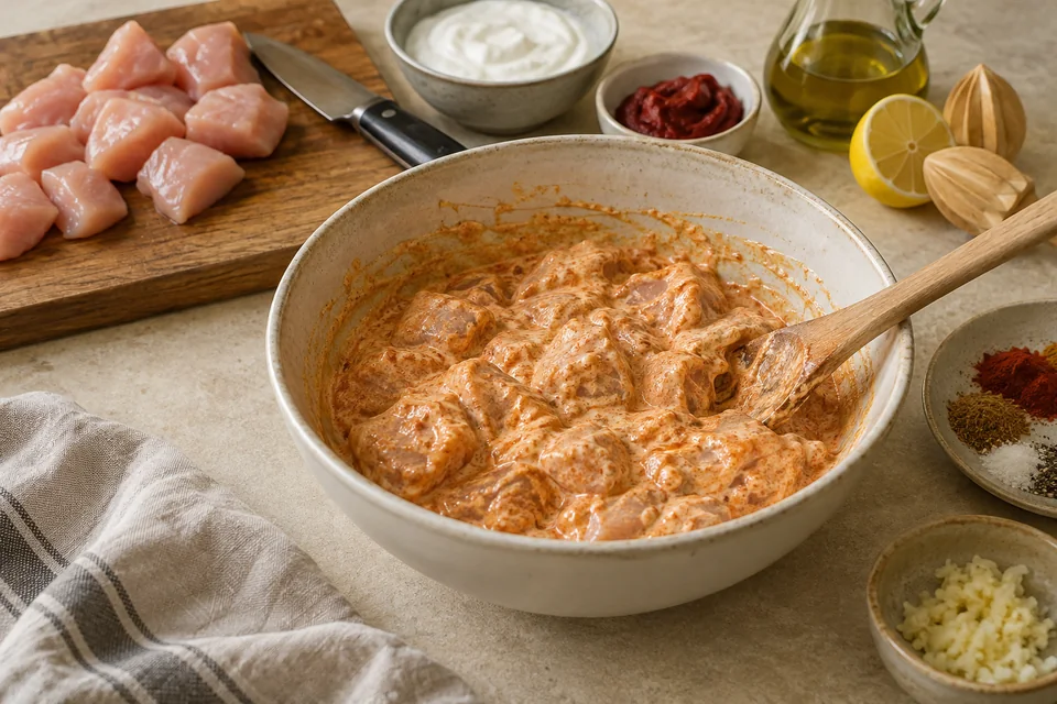 Shish Tawook – Hähnchenspieße mit Zitrone und Joghurt: Marinade anrühren.