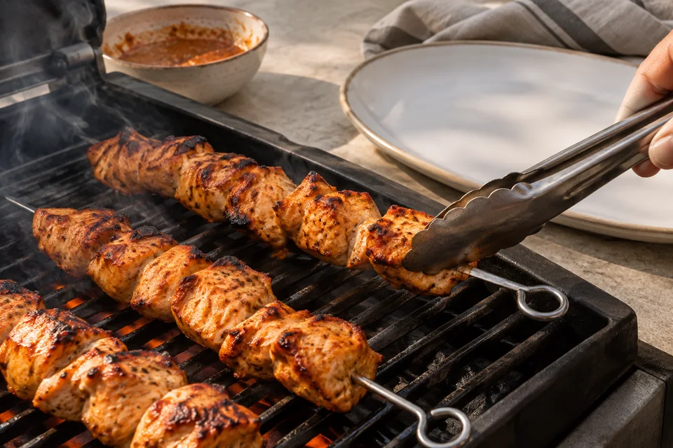 Shish Tawook – Hähnchenspieße mit Zitrone und Joghurt: Rundum goldbraun grillen.