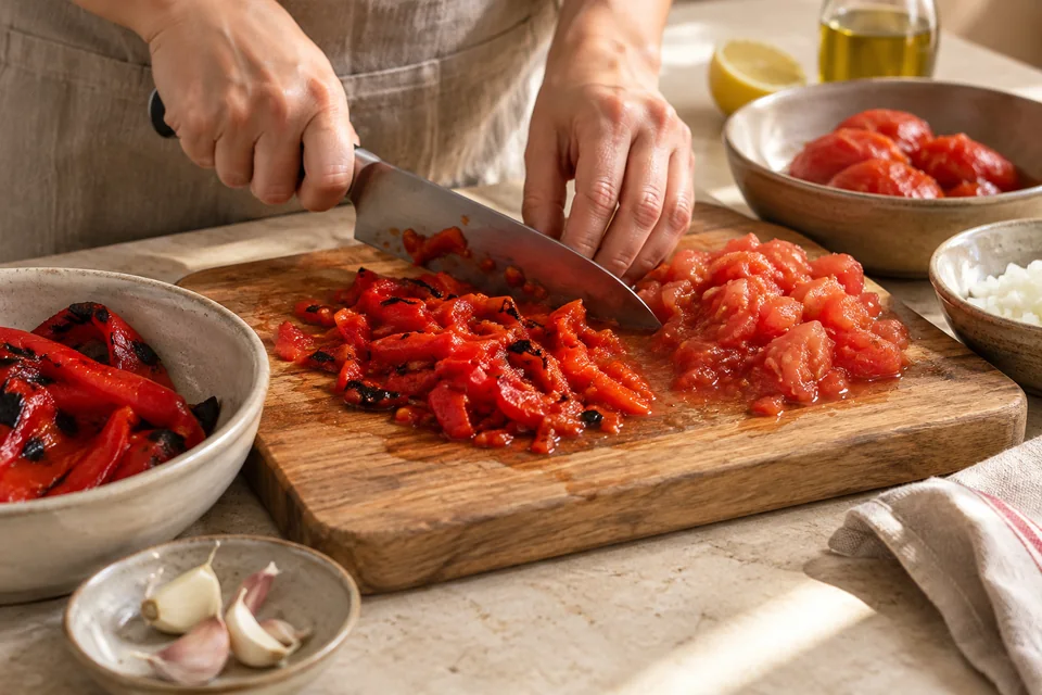 Slata Mechouia – gegrillter Paprika-Tomaten-Salat: Häuten und fein hacken.