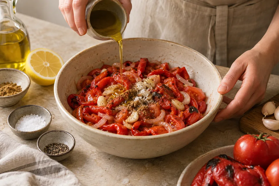 Slata Mechouia – gegrillter Paprika-Tomaten-Salat: Würzen und ziehen lassen.