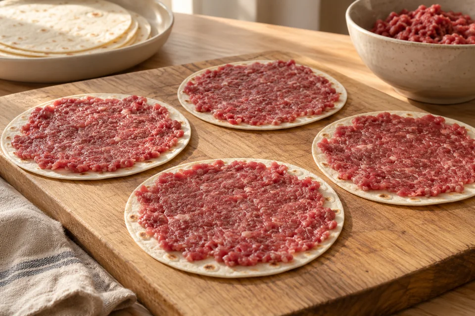 Smash Burger Tacos mit Rind: Hack mit Salz und Pfeffer mischen