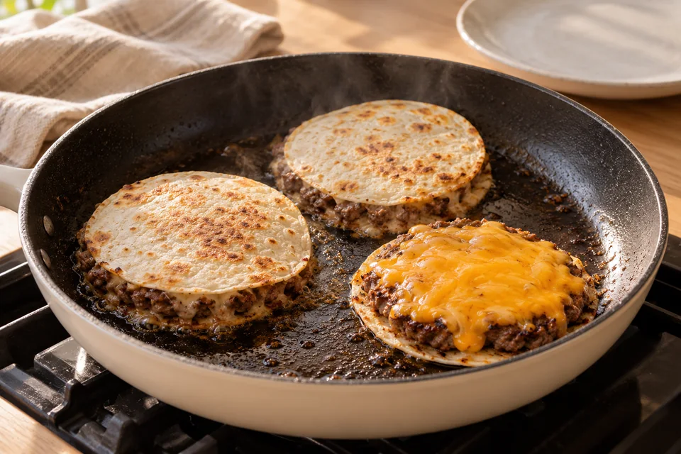 Smash Burger Tacos mit Rind: Eine große Pfanne erhitzen und dünn mit Öl auspinseln