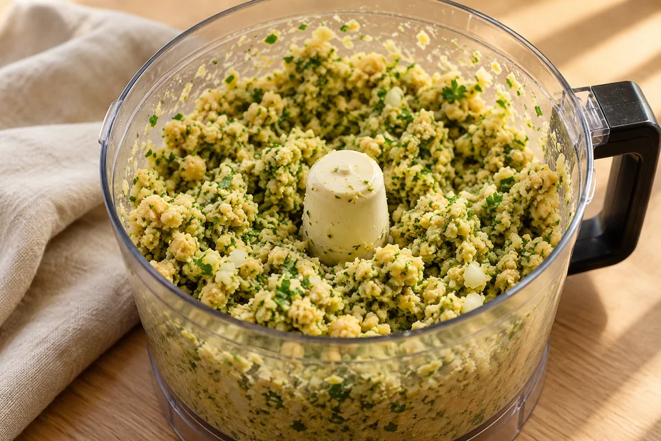 Smash Falafel Pita mit Tahinisauce: Kichererbsen mit geschälter Zwiebel, Knoblauch, Petersilie, Gewürzen und Salz im Zerkleinerer fein, aber nicht breiig hacken