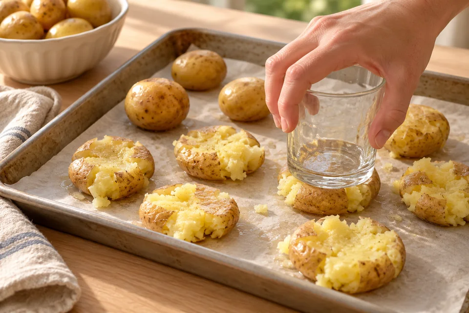 Knuspriger Kartoffelsalat – Crispy Smashed Potato Salad: Kartoffeln mit Abstand auf einem Blech mit Backpapier verteilen