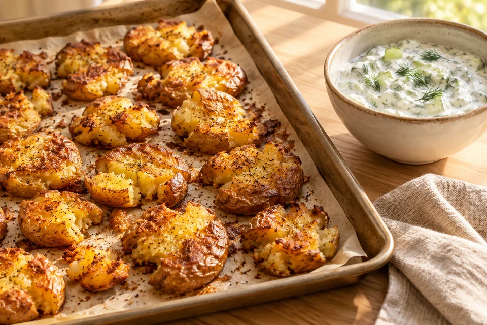Knuspriger Kartoffelsalat – Crispy Smashed Potato Salad: Gurke und Zwiebel fein würfeln, Dill hacken