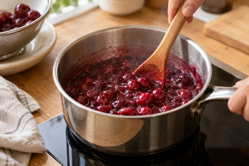 Sauerkirschen werden in leicht gebundenem Kirschsaft zu Kompott verrührt
