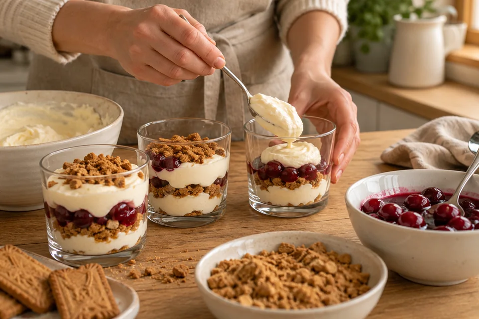 Creme, Keksbrösel und kalte Kirschen werden in Dessertgläser geschichtet