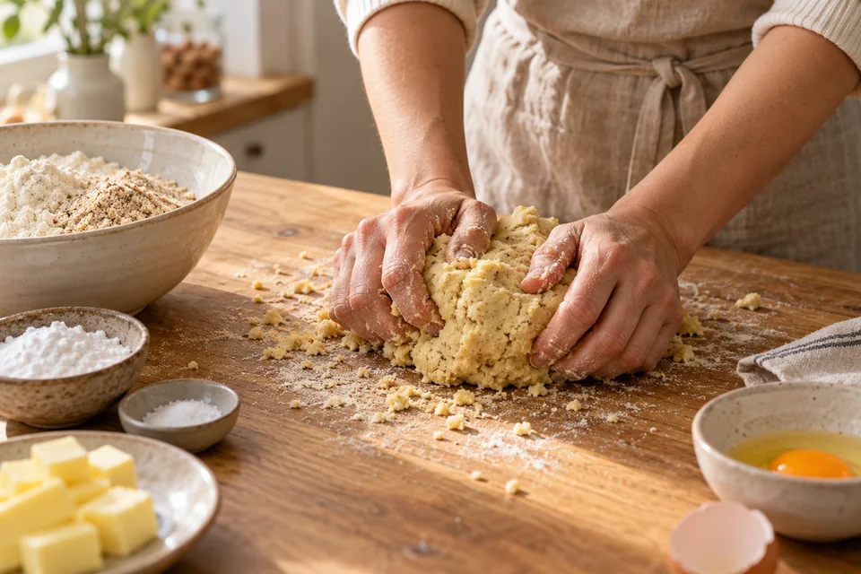 Mürbeteig aus Butter, Mehl und gemahlenen Mandeln wird geknetet