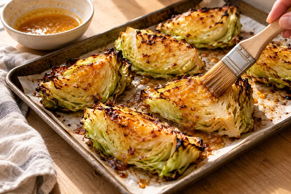Gerösteter Spitzkohl mit Miso-Butter: Die Spalten auf den Schnittflächen mit Miso-Butter bestreichen und weitere 8–10 Minuten rösten, bis sie weich sind und dunkle Ränder haben