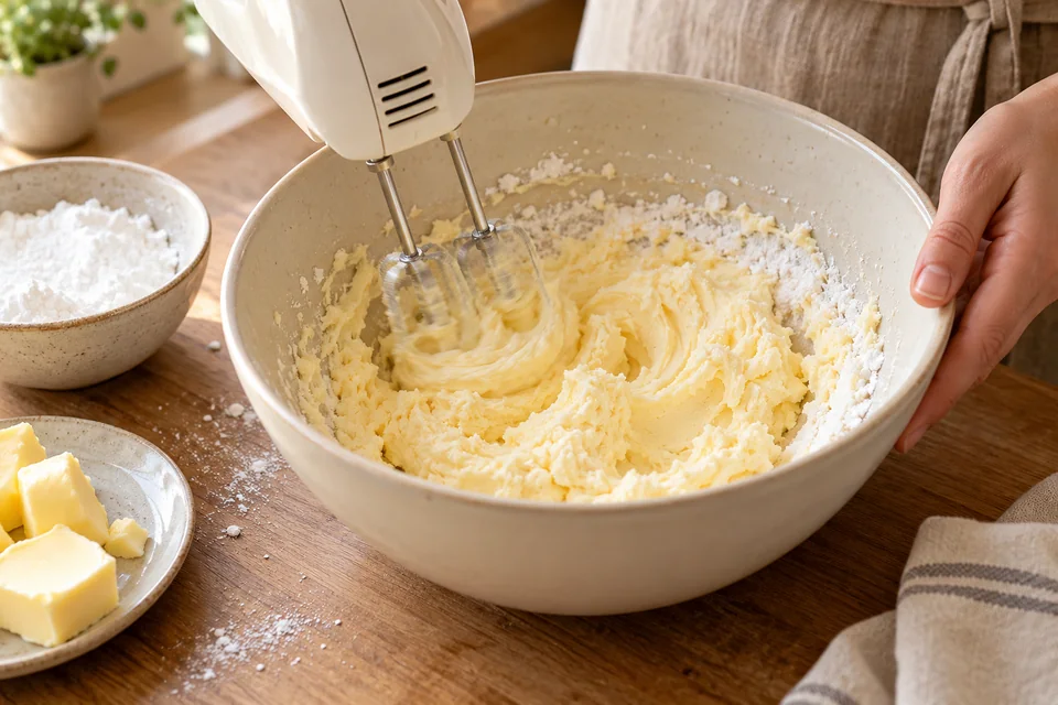 Weiche Butter und Puderzucker werden cremig gerührt