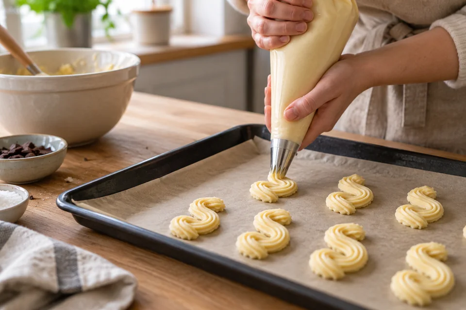 Ein Spritzbeutel formt gerillte S-Plätzchen auf Backpapier