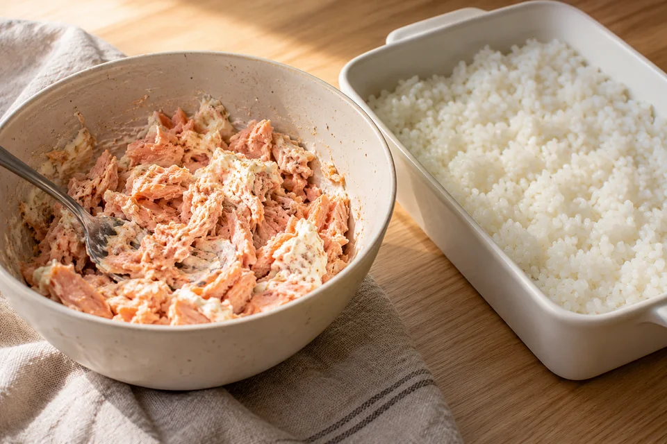 Sushi Bake mit Lachs – Sushi aus dem Ofen: Lachs auf ein mit Backpapier belegtes Blech setzen und 12–18 Minuten garen, bis er im Kern vollständig durchgegart ist