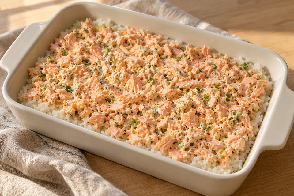 Sushi Bake mit Lachs – Sushi aus dem Ofen: Essig und Zucker verrühren und unter den warmen Reis heben