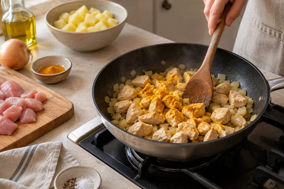 Tunesischer Tajine-Auflauf mit Hähnchen und Kartoffeln: Kartoffeln und Hähnchen vorgaren.