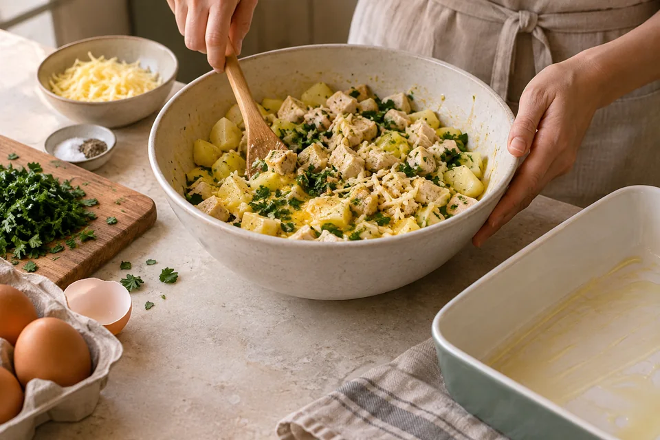 Tunesischer Tajine-Auflauf mit Hähnchen und Kartoffeln: Eiermasse mischen.