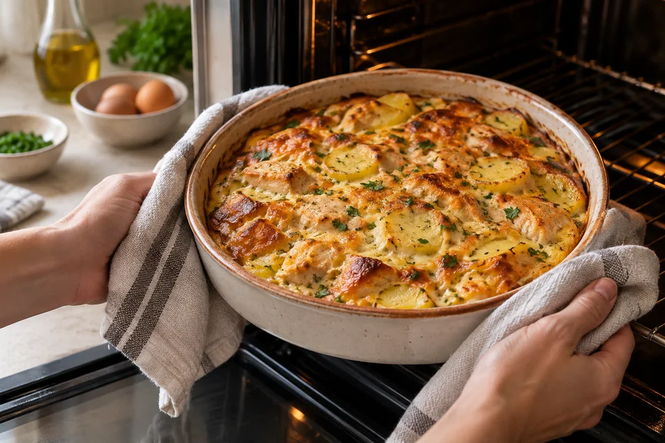 Tunesischer Tajine-Auflauf mit Hähnchen und Kartoffeln: Goldbraun stocken lassen.