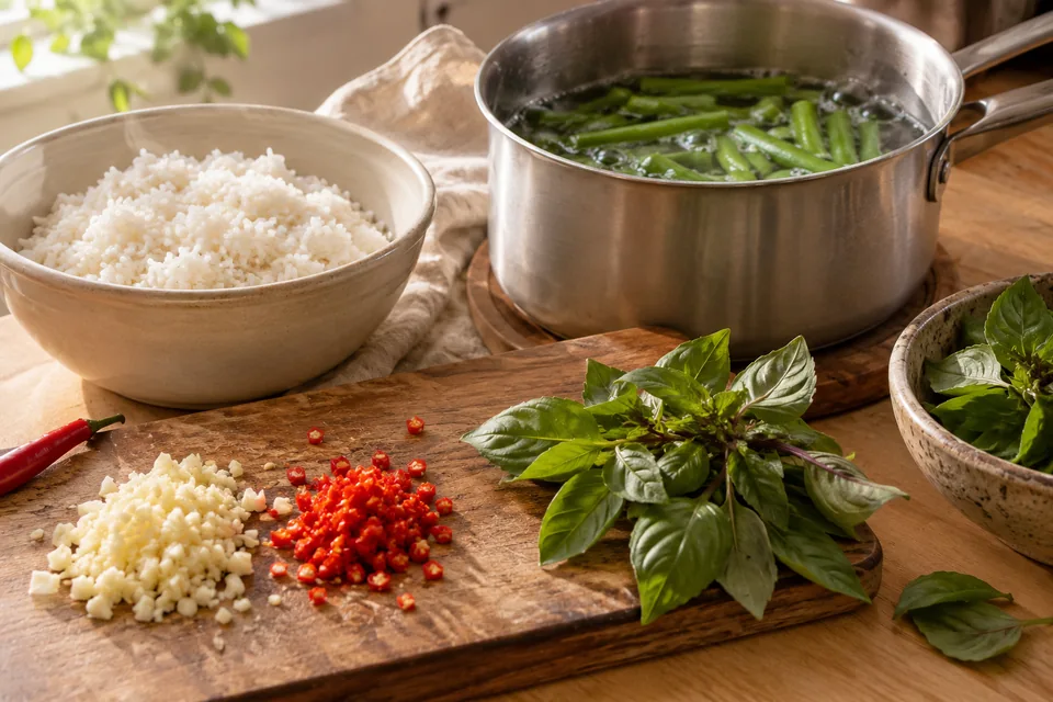 Thai-Basilikum-Hähnchen mit grünen Bohnen – Einblick in Zubereitungsschritt 1