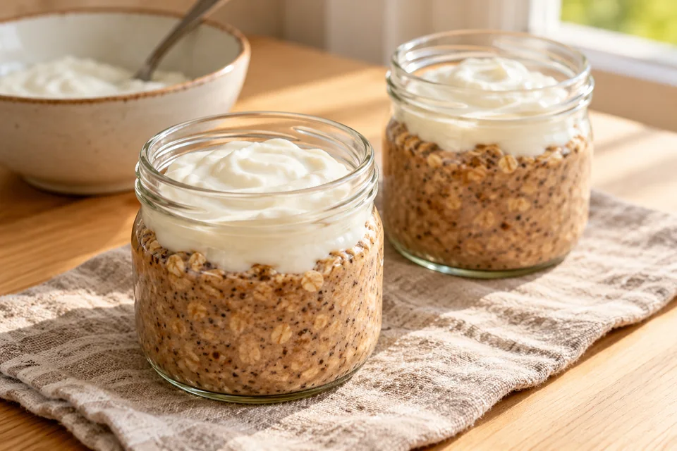 Tiramisu Overnight Oats mit Kaffee und Kakao: Hafermischung auf vier saubere Gläser verteilen