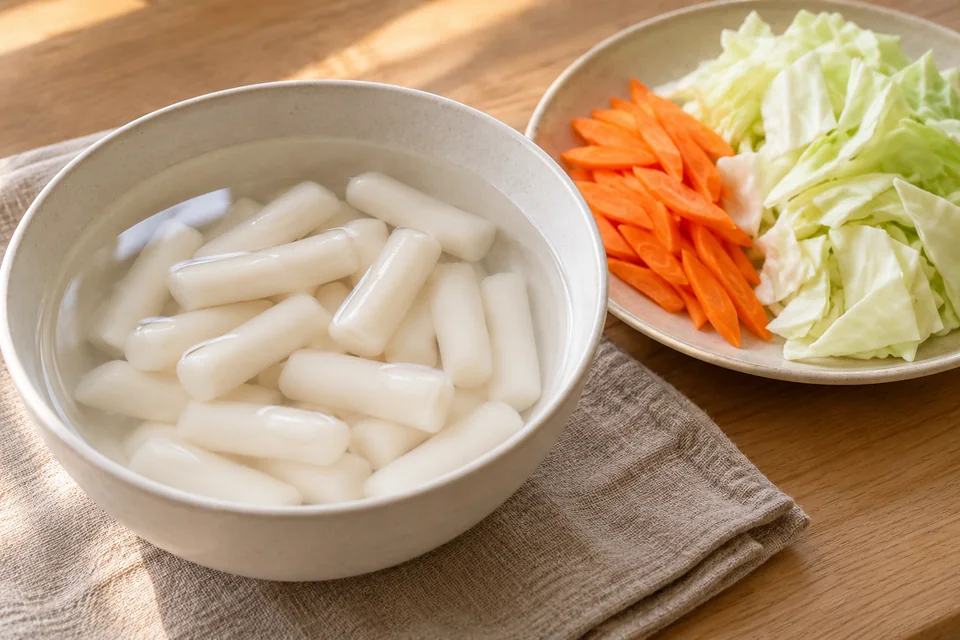 Tteokbokki mit Gemüse – koreanische Reiskuchen: Reiskuchen nach Packungsangabe vorbereiten