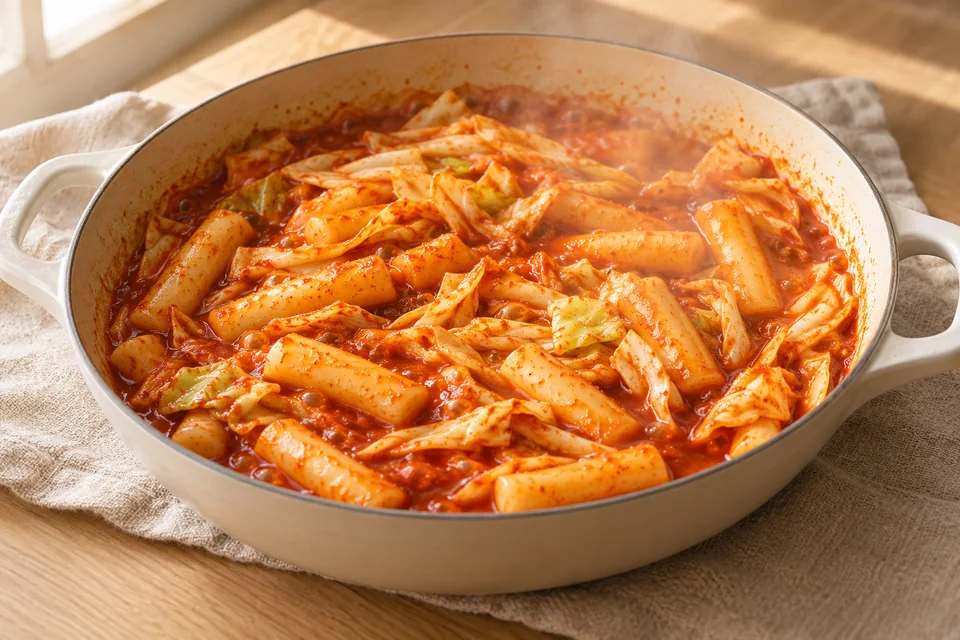 Tteokbokki mit Gemüse – koreanische Reiskuchen: Abgetropfte Reiskuchen, Kohl und Möhren zugeben
