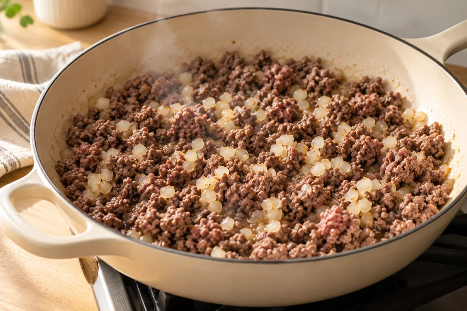 Türkisch inspirierte Pasta mit Rinderhack: Währenddessen Öl in einer großen Pfanne erhitzen