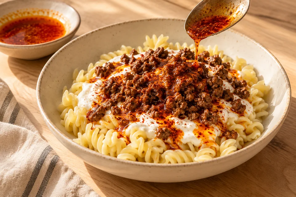 Türkisch inspirierte Pasta mit Rinderhack: Pasta auf Teller verteilen und bei Bedarf mit wenig Kochwasser lockern