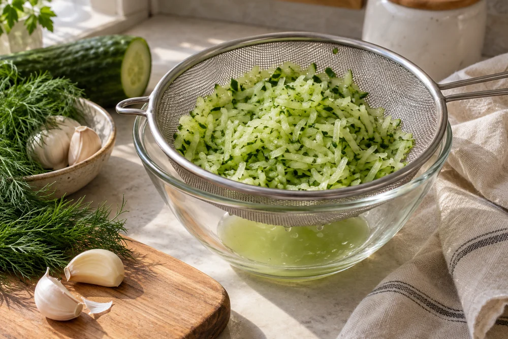 Tzatziki mit Gurke und Dill: Vorbereitung der Zutaten
