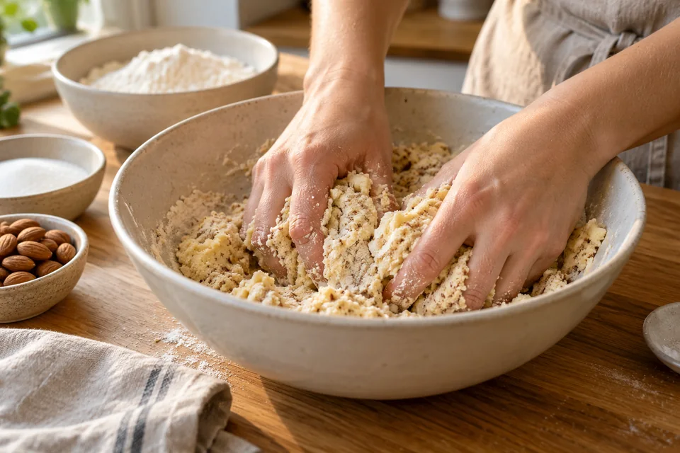 Butterwürfel werden mit Mehl, Mandeln und Zucker zu Kipferlteig verknetet