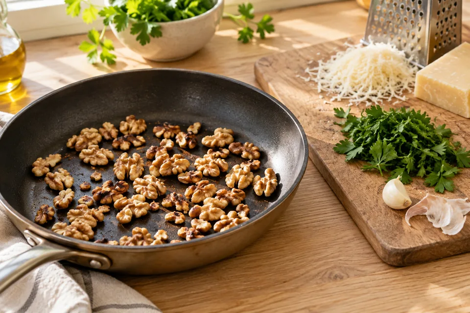 Pasta mit cremigem Walnusspesto – Einblick in Zubereitungsschritt 1