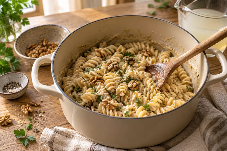 Pasta mit cremigem Walnusspesto – Einblick in Zubereitungsschritt 4