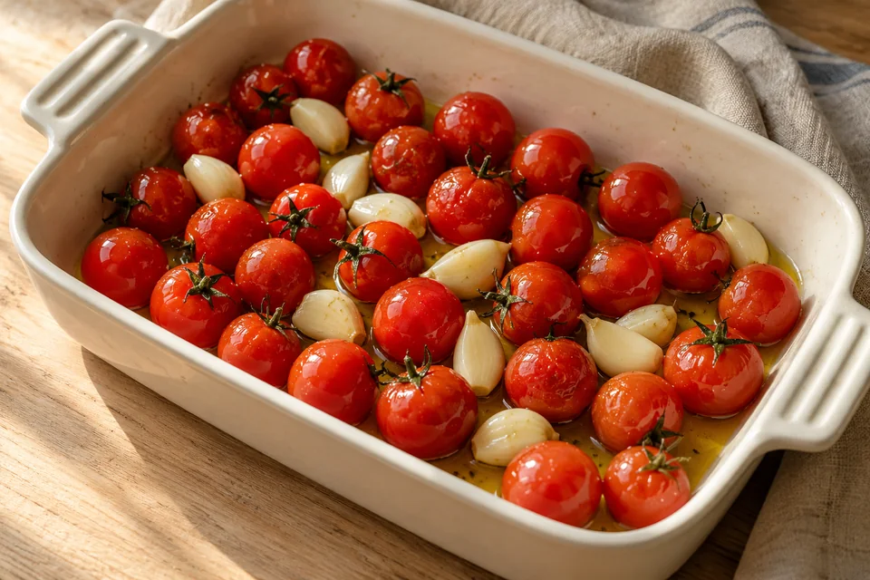 Cremige weiße Bohnen mit Ofentomaten: Tomaten und Knoblauch in einer großen Auflaufform mit Öl, Oregano, Salz und Pfeffer mischen