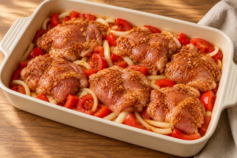 Marinierte rohe Hähnchenoberkeulen auf Zwiebeln, Tomaten und Paprika in der Ofenform