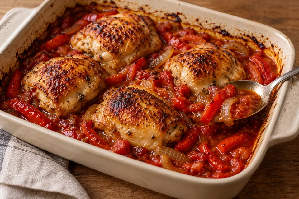 Goldbraunes Ofenhähnchen über gegarter Zwiebel-Tomaten-Sauce