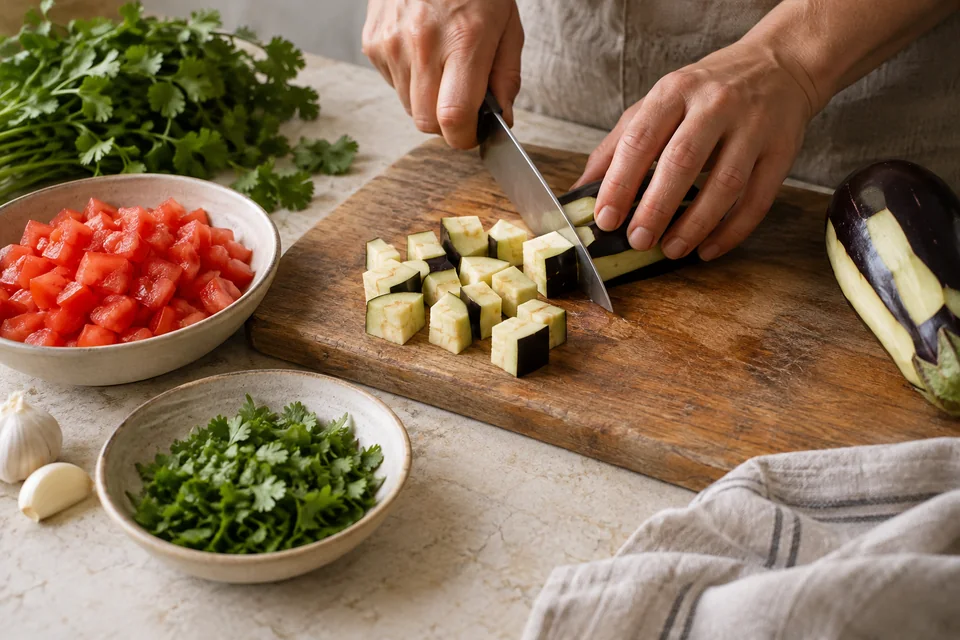 Zaalouk – würziger Auberginen-Tomaten-Salat: Gemüse schneiden.