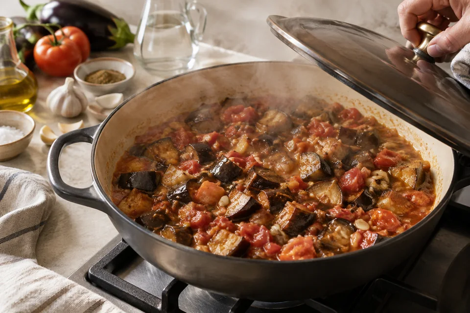 Zaalouk – würziger Auberginen-Tomaten-Salat: Weich schmoren.