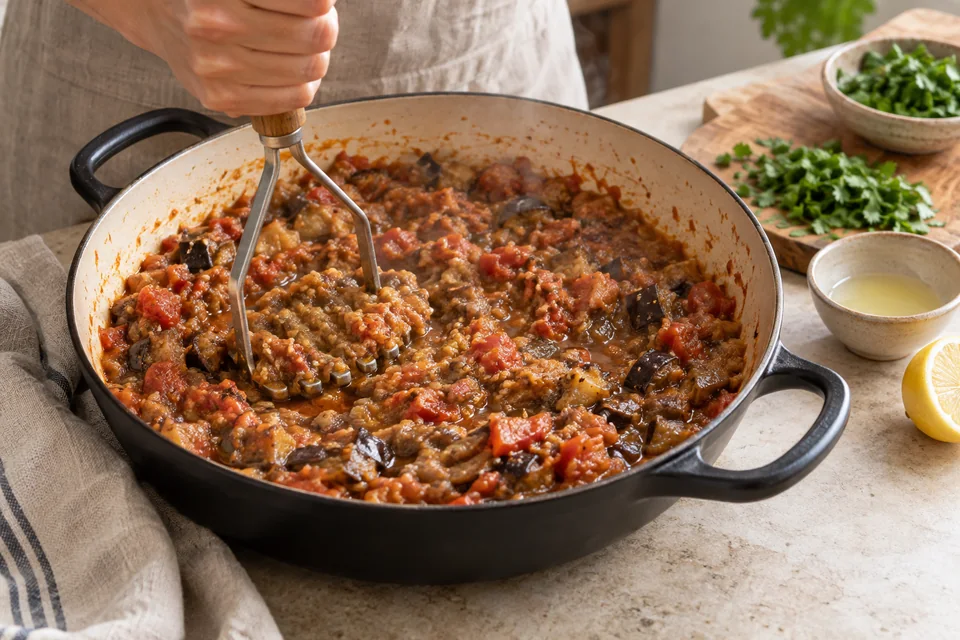 Zaalouk – würziger Auberginen-Tomaten-Salat: Zerdrücken und einkochen.