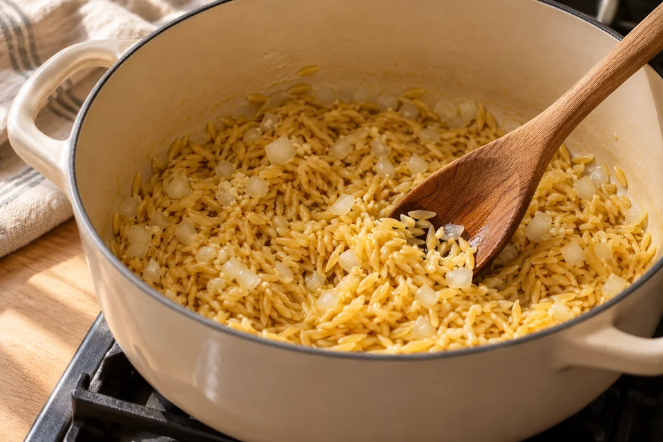 Zitronen-Orzo mit Spinat und Feta – One Pot Orzo: Zwiebel 3 Minuten weich dünsten