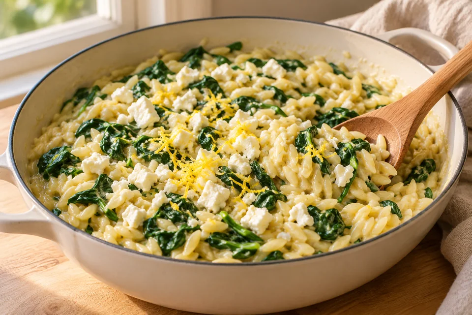 Zitronen-Orzo mit Spinat und Feta – One Pot Orzo: Spinat portionsweise unterheben und zusammenfallen lassen