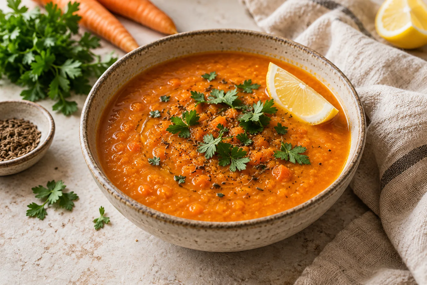 rote Linsensuppe mit Petersilie und Zitrone in einer Keramikschale