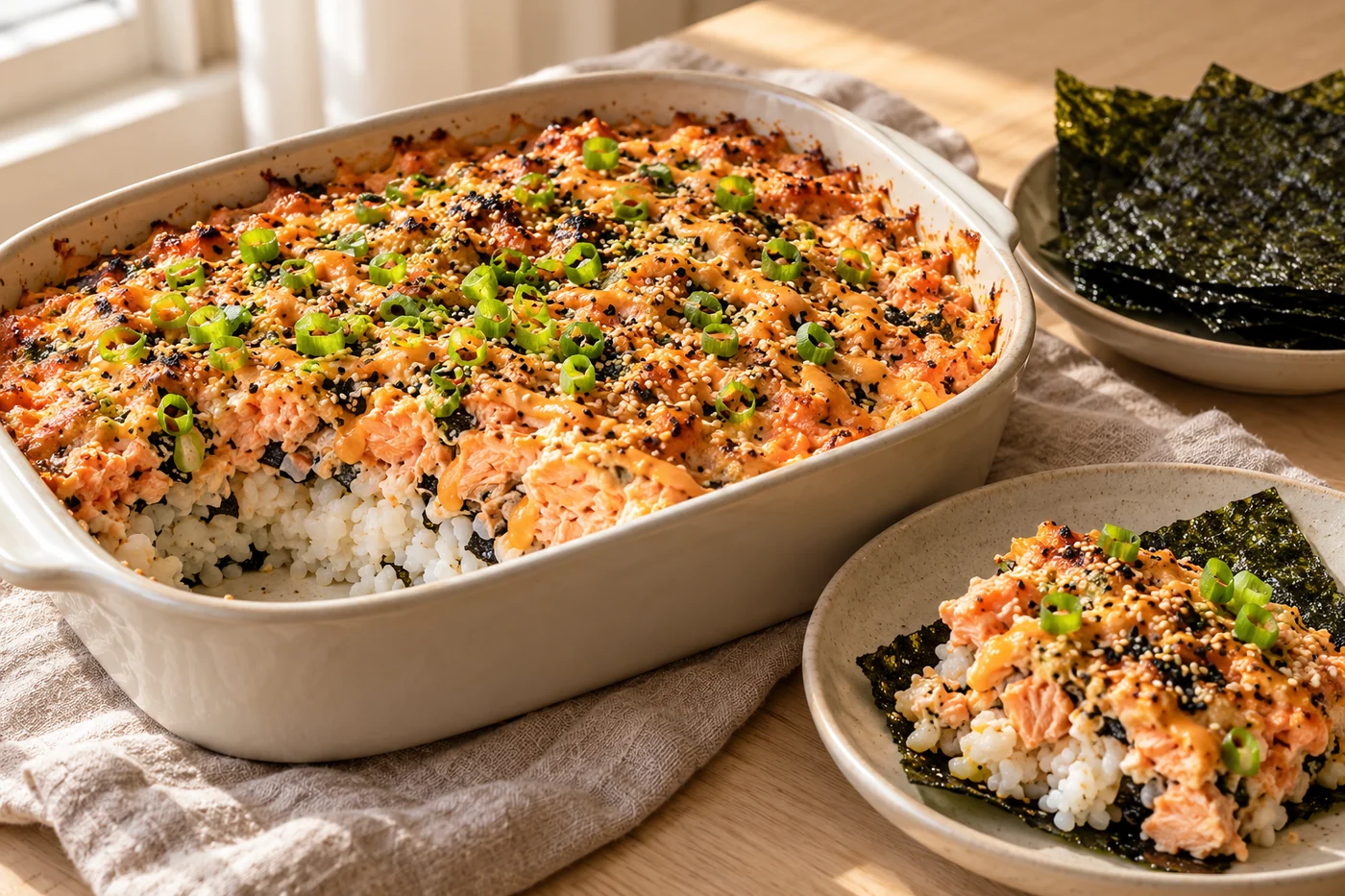 Sushi Bake mit Lachs – Sushi aus dem Ofen auf hellem Geschirr
