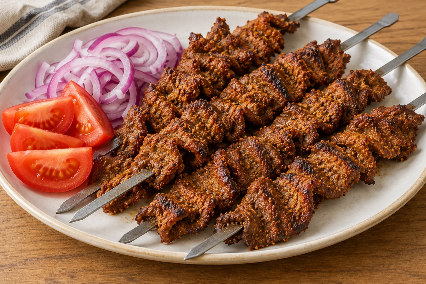 Suya-Rinderspieße mit Erdnussgewürz auf hellem Geschirr