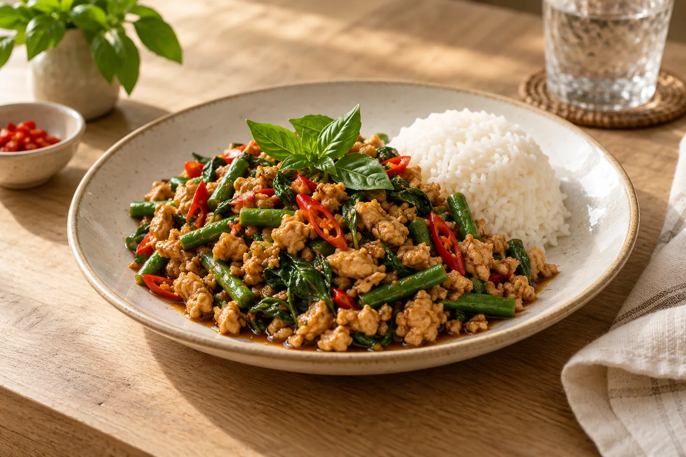 Thai-Basilikum-Hähnchen mit grünen Bohnen