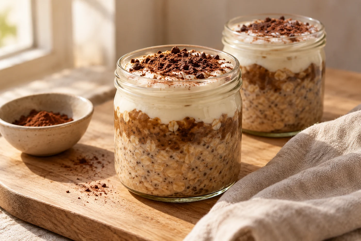 Tiramisu Overnight Oats mit Kaffee und Kakao auf hellem Geschirr