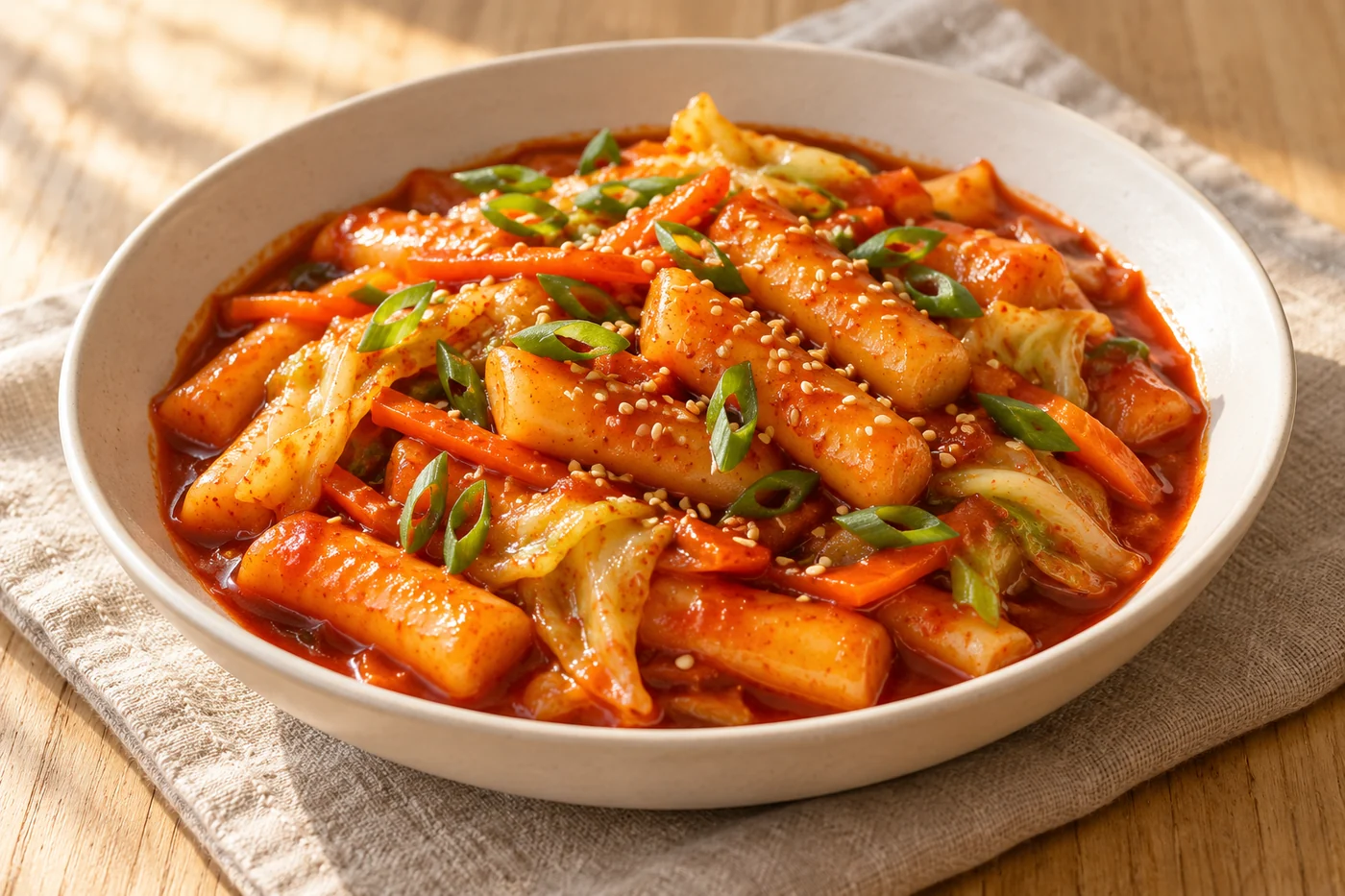 Tteokbokki mit Gemüse – koreanische Reiskuchen – das fertig zubereitete Gericht