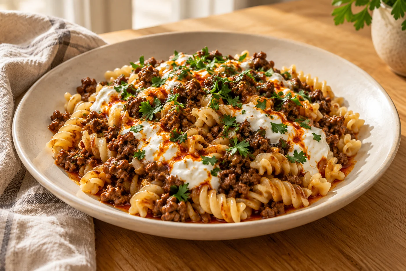 Türkisch inspirierte Pasta mit Rinderhack auf hellem Keramikgeschirr