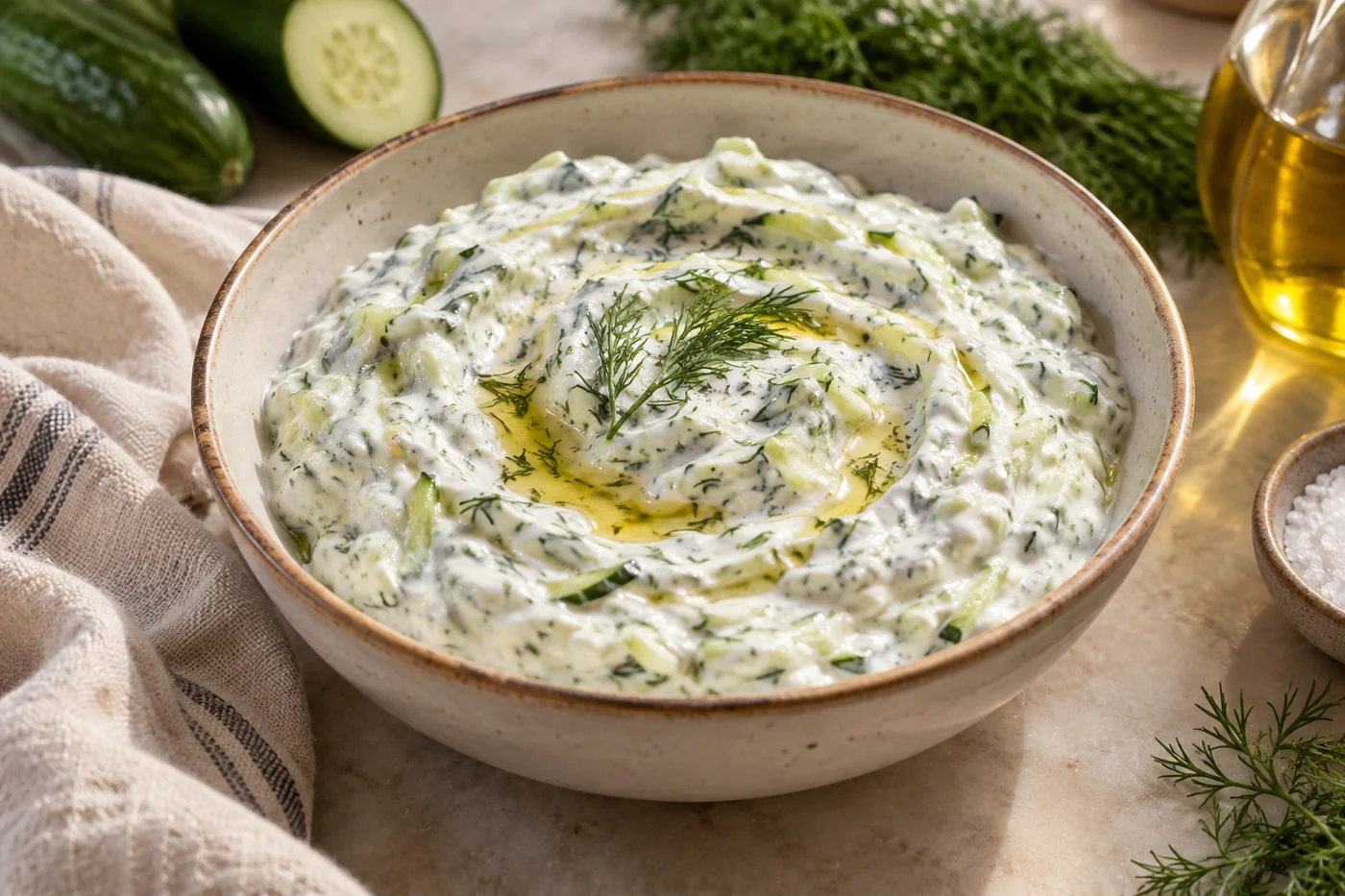 Tzatziki mit Gurke und Dill auf einem gedeckten Tisch