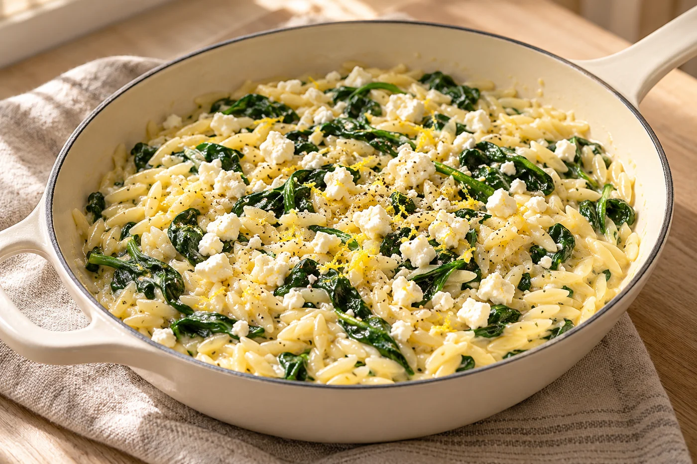 Zitronen-Orzo mit Spinat und Feta – One Pot Orzo auf hellem Geschirr
